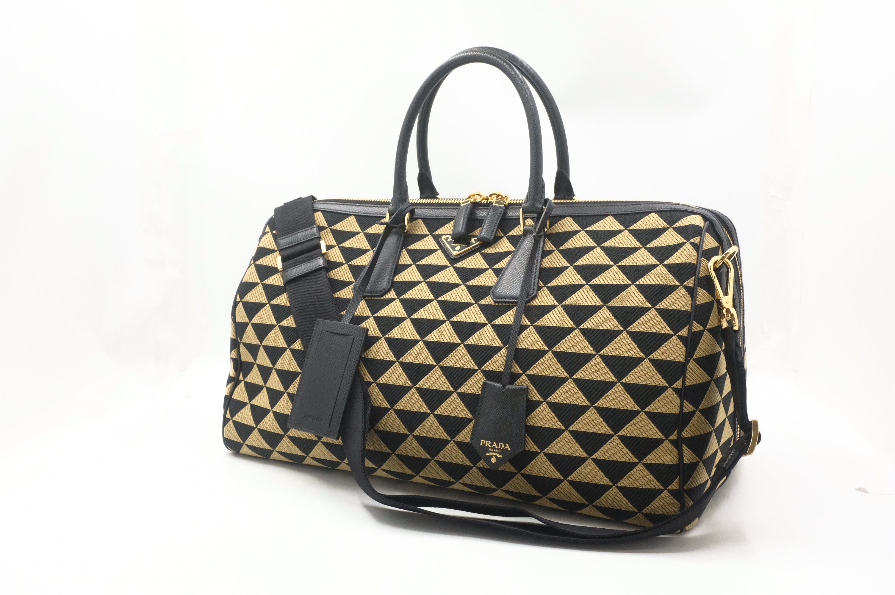 Prada Medium Symbole Travel Bag in Black and Beige Canvas – Weekly