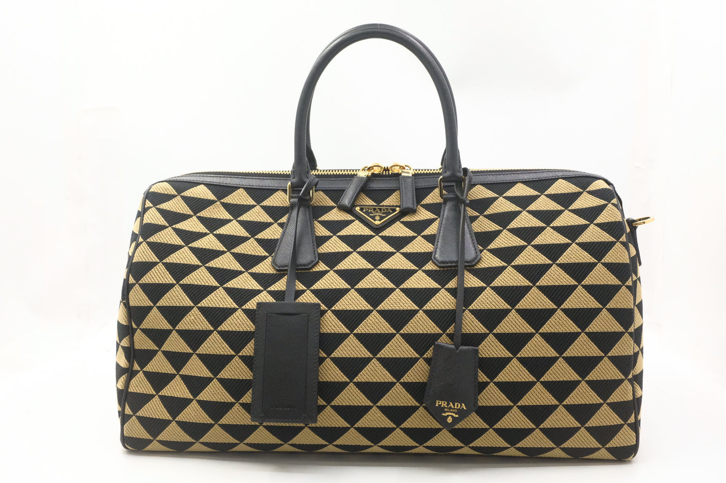 Prada Medium Symbole Travel Bag in Black and Beige Canvas