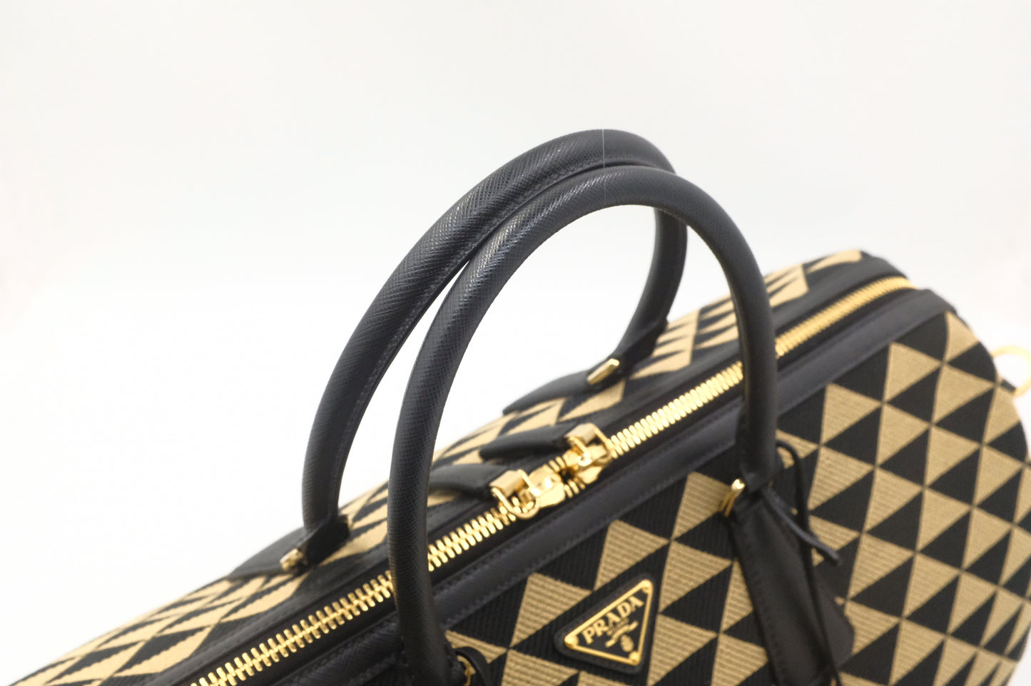 Prada Medium Symbole Travel Bag in Black and Beige Canvas