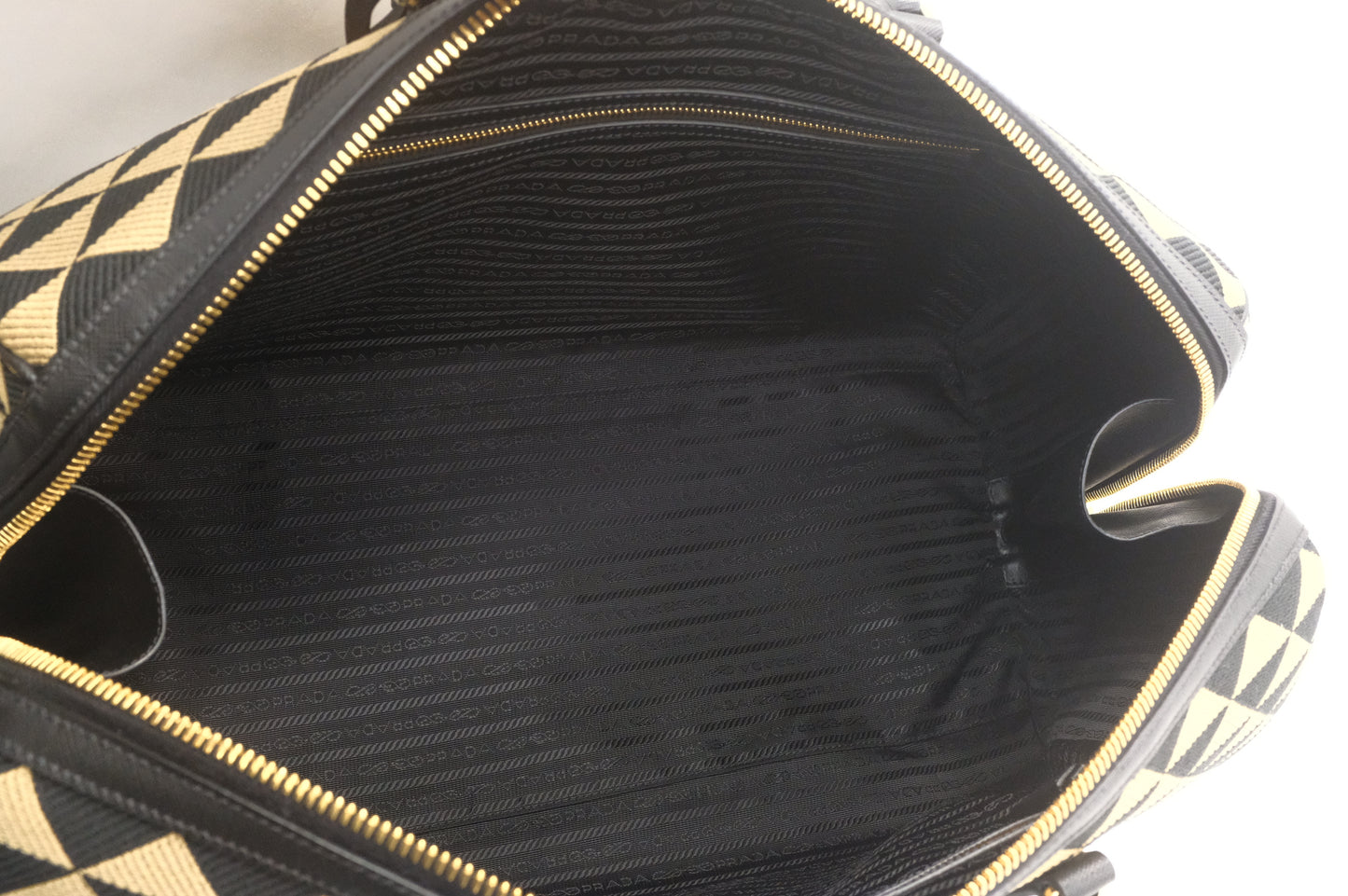 Prada Medium Symbole Travel Bag in Black and Beige Canvas