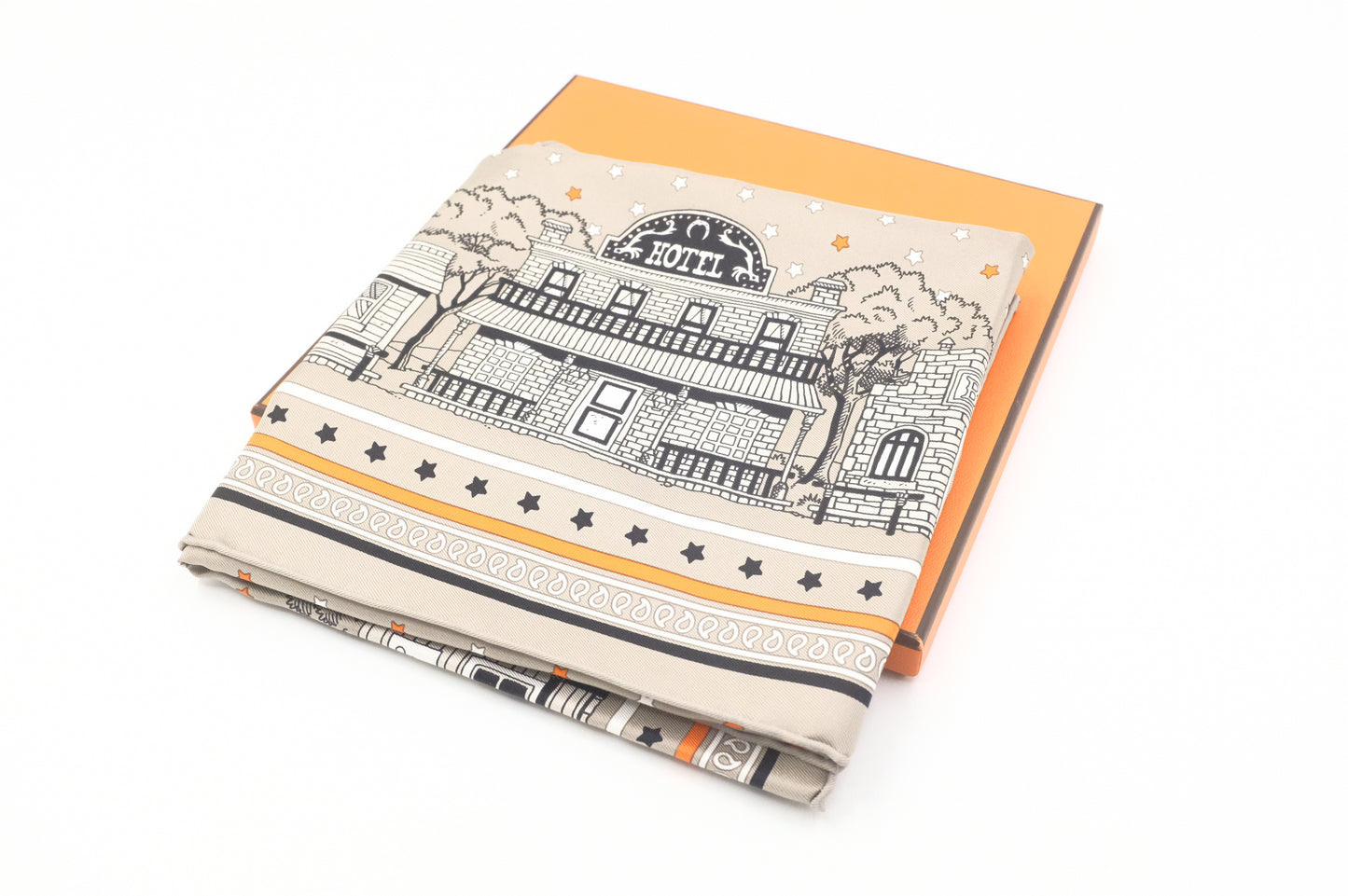 Hermes 'Paris Station' Carre 55 in Gray and Orange Silk