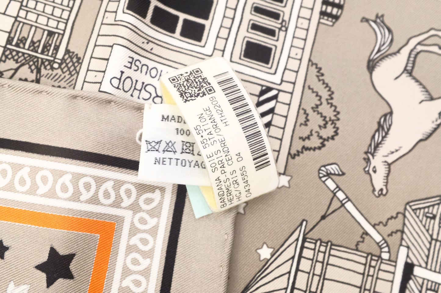 Hermes 'Paris Station' Carre 55 in Gray and Orange Silk