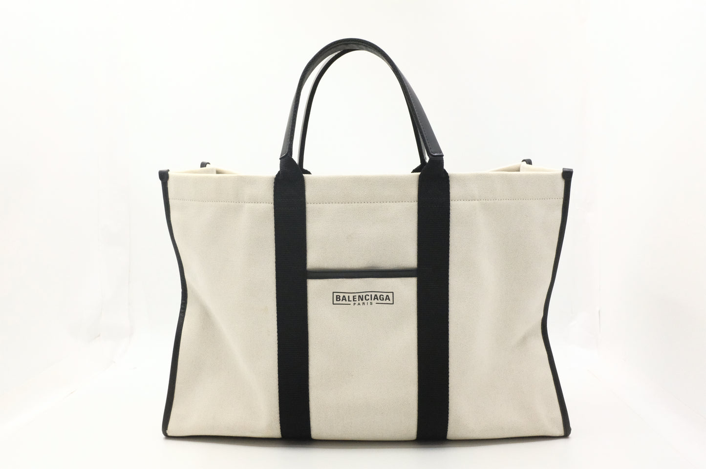 Balenciaga Neo Navy Large Tote in Off-White Canvas and Black Leather