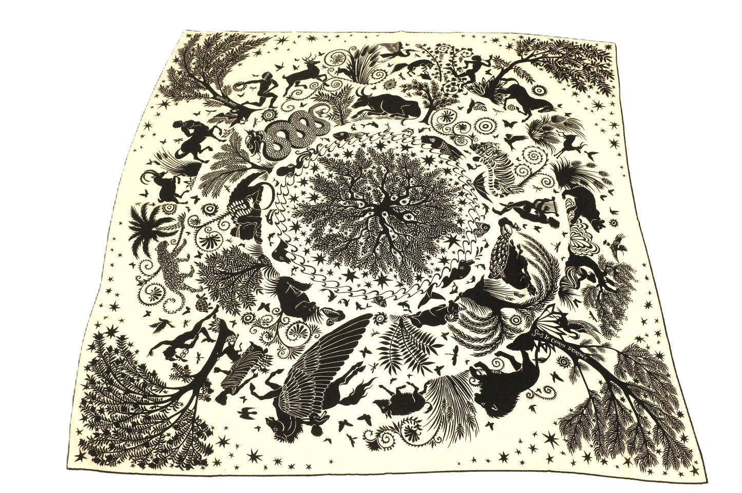Hermes 'Sous le Charme d'Orphee' Shawl 140 in Black and White Cashmere and Silk