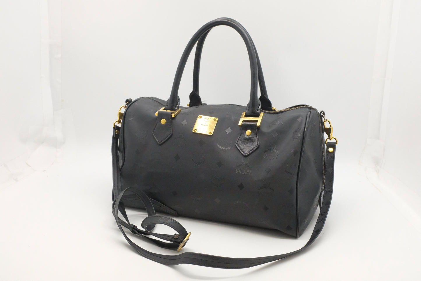 MCM Boston Bag in Black Coated Canvas