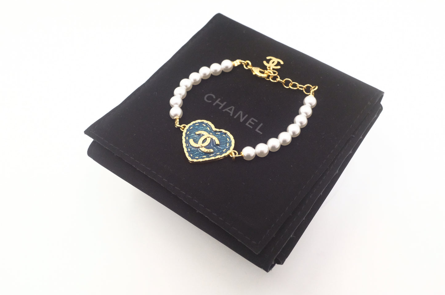 Chanel CC Heart Denim & Pearls Bracelet
