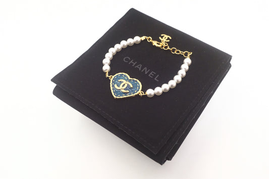 Chanel CC Heart Denim & Pearls Bracelet