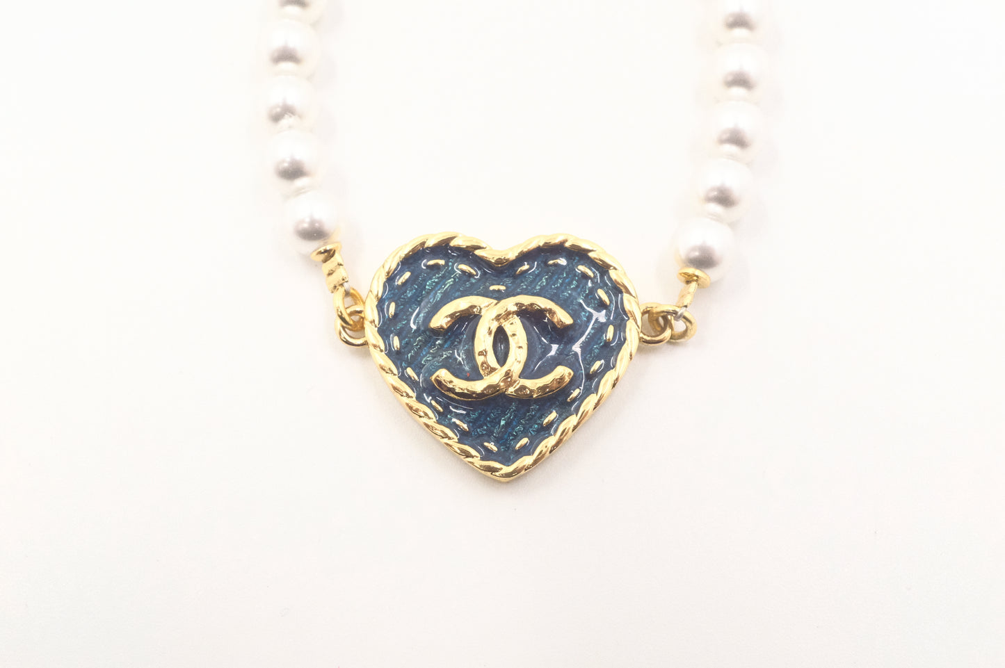 Chanel CC Heart Denim & Pearls Bracelet