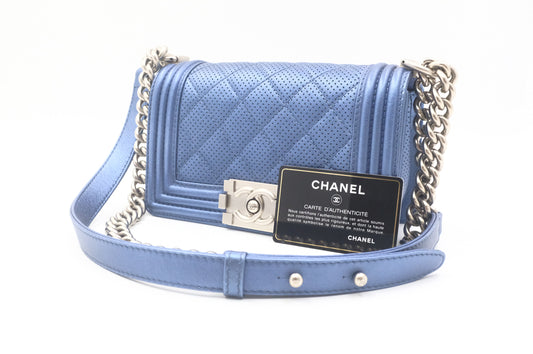 Chanel Small Boy in Metallic Blue Perforated Leather