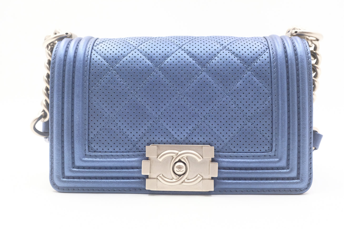 Chanel Small Boy in Metallic Blue Perforated Leather