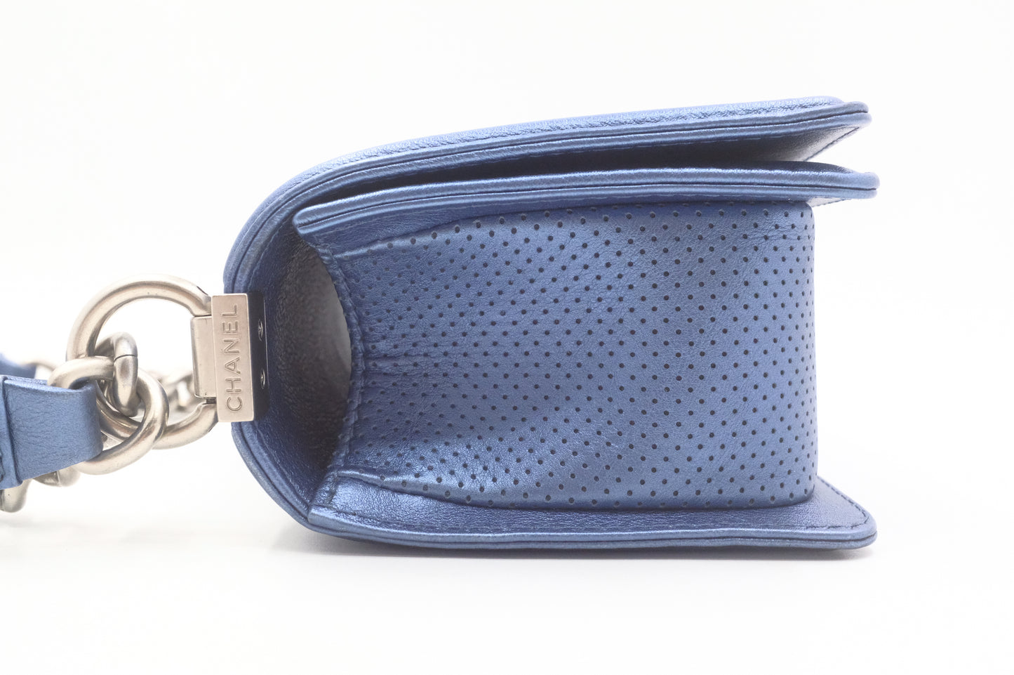 Chanel Small Boy in Metallic Blue Perforated Leather
