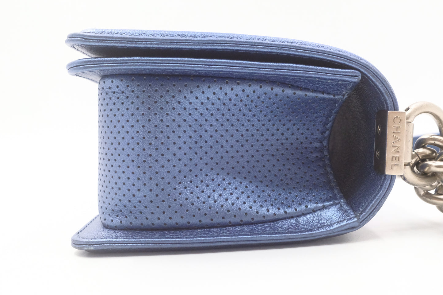 Chanel Small Boy in Metallic Blue Perforated Leather