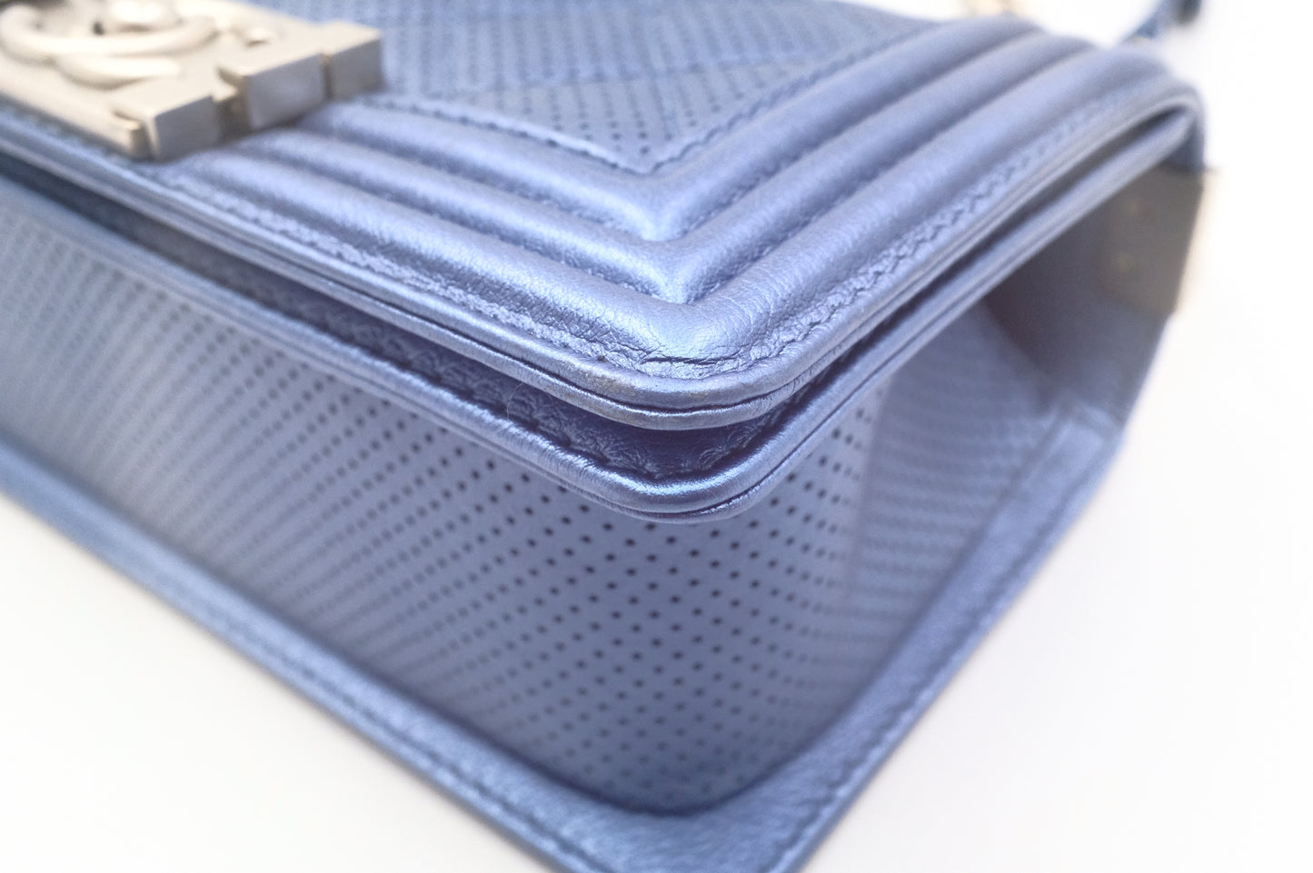 Chanel Small Boy in Metallic Blue Perforated Leather