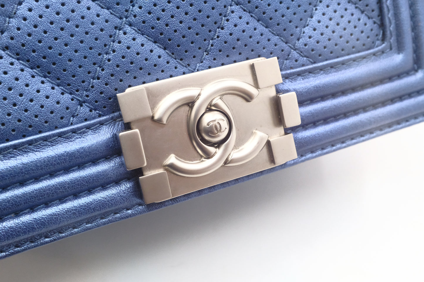 Chanel Small Boy in Metallic Blue Perforated Leather
