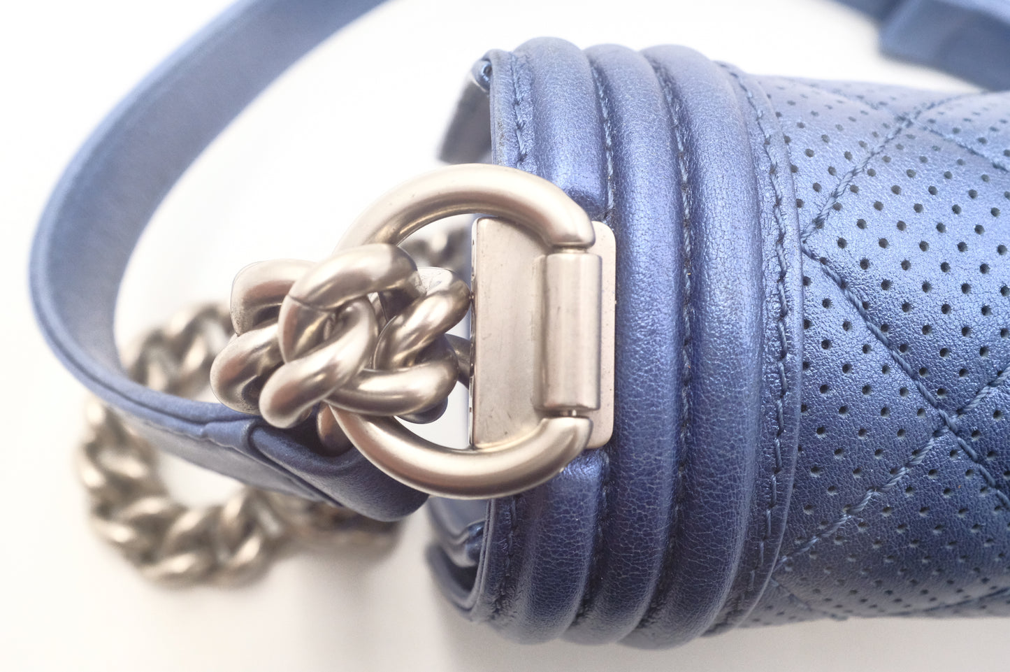 Chanel Small Boy in Metallic Blue Perforated Leather