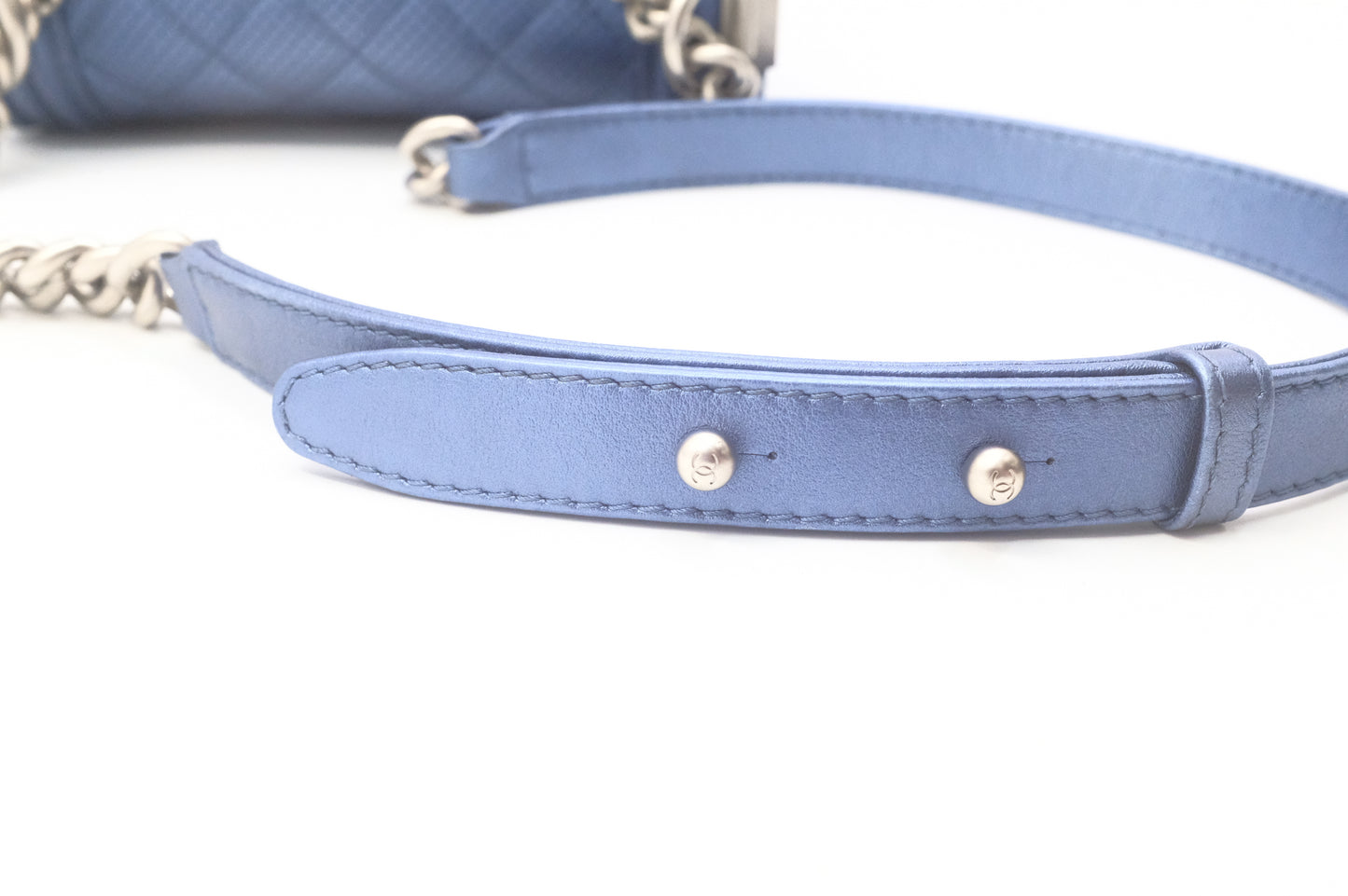 Chanel Small Boy in Metallic Blue Perforated Leather