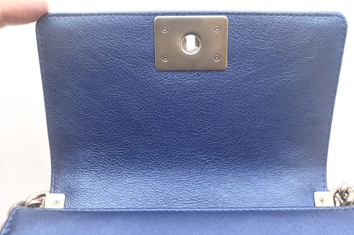 Chanel Small Boy in Metallic Blue Perforated Leather