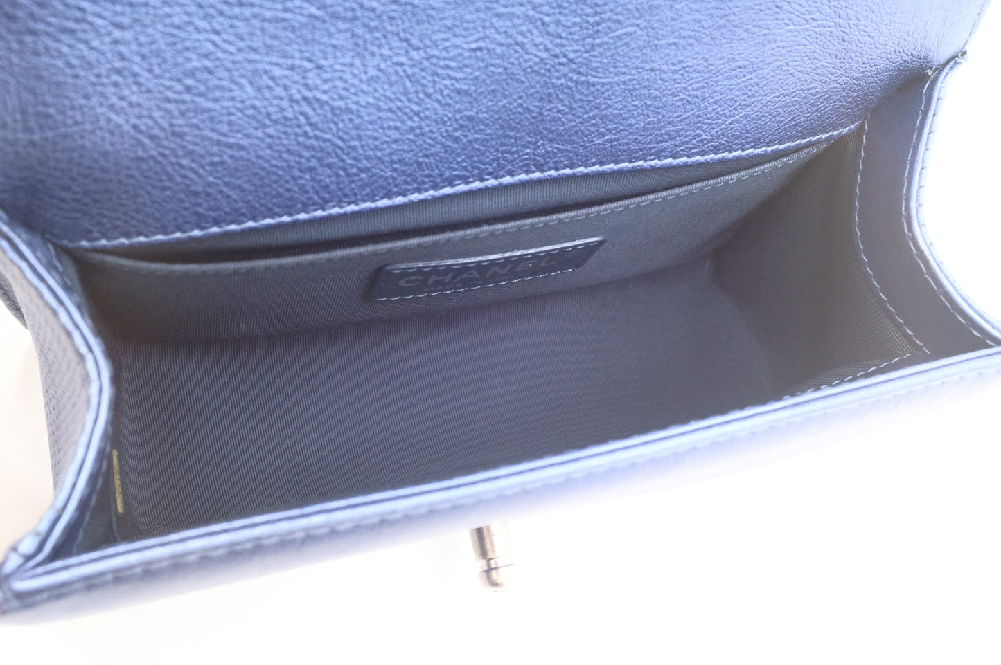 Chanel Small Boy in Metallic Blue Perforated Leather