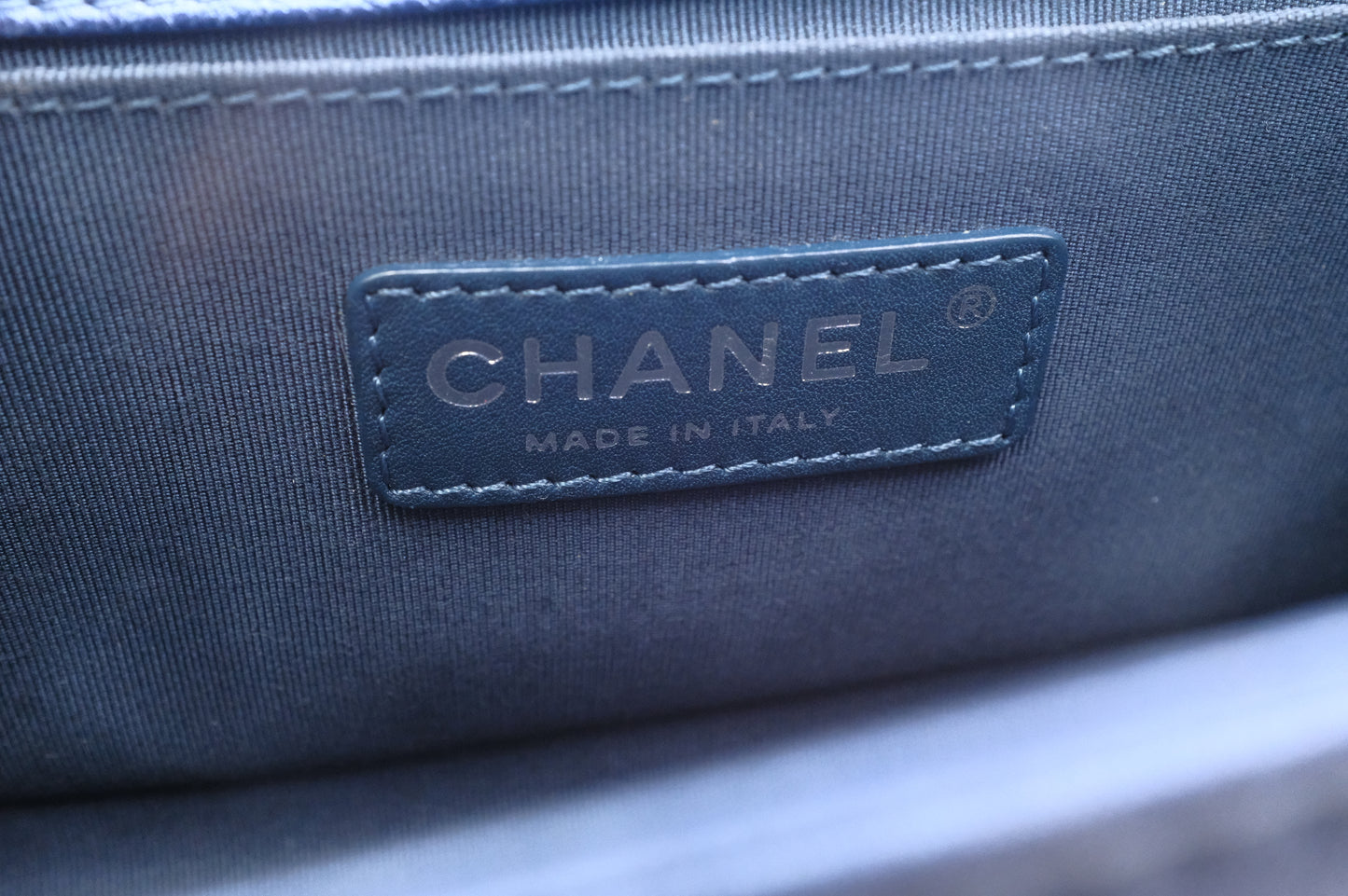Chanel Small Boy in Metallic Blue Perforated Leather