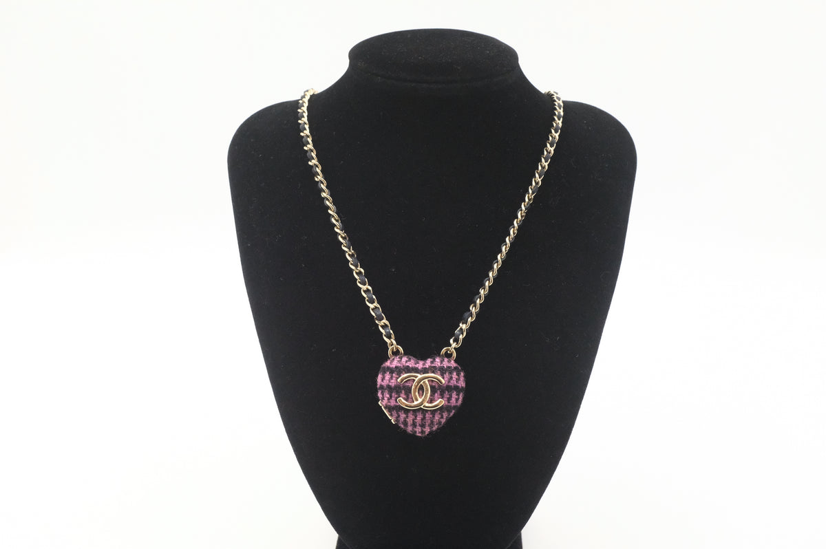 Chanel Heart Mirror Box Necklace in Tweed and Enamel