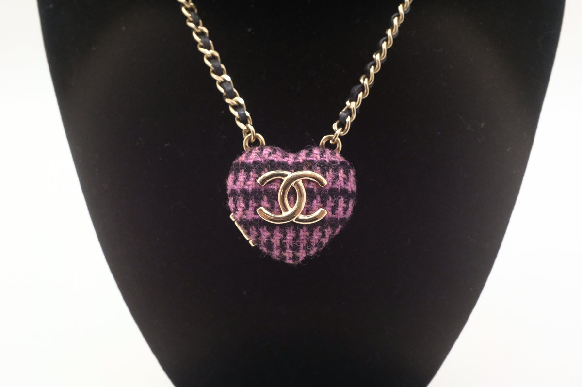 Chanel Heart Mirror Box Necklace in Tweed and Enamel
