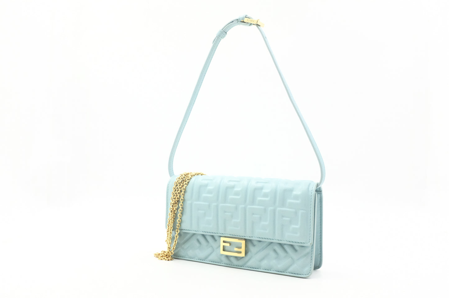 Fendi Baguette Wallet on Chain in Blue Nappa Leather