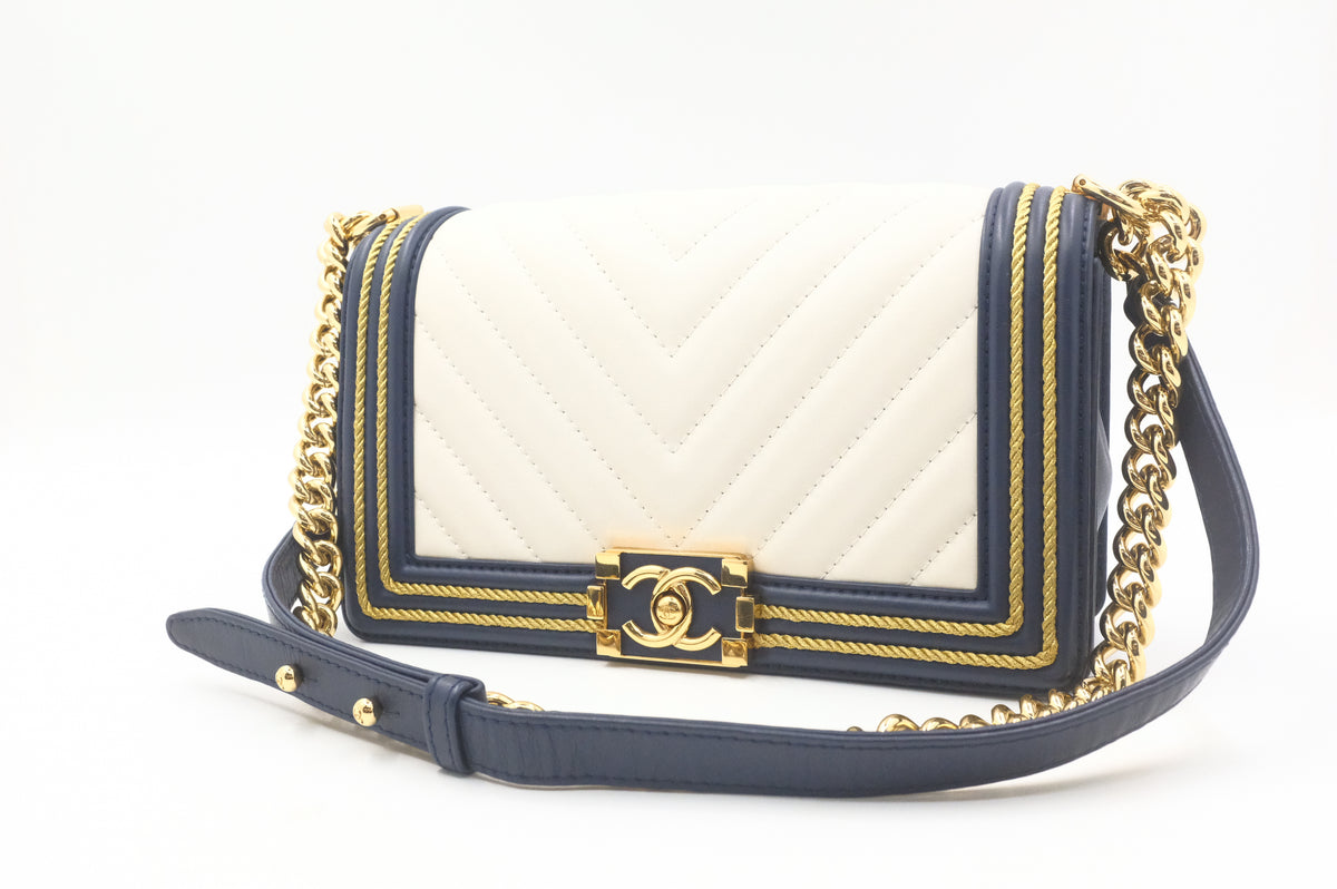 Chanel Old Medium Boy in White and Blue Leather