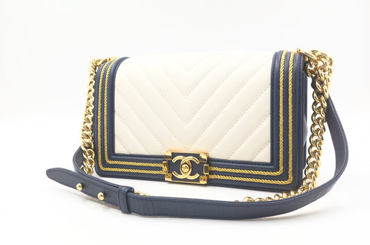Chanel Old Medium Boy in White and Blue Leather