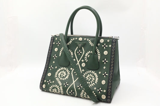 Prada Twin Pocket Tote in Green Embroidered Saffiano Leather