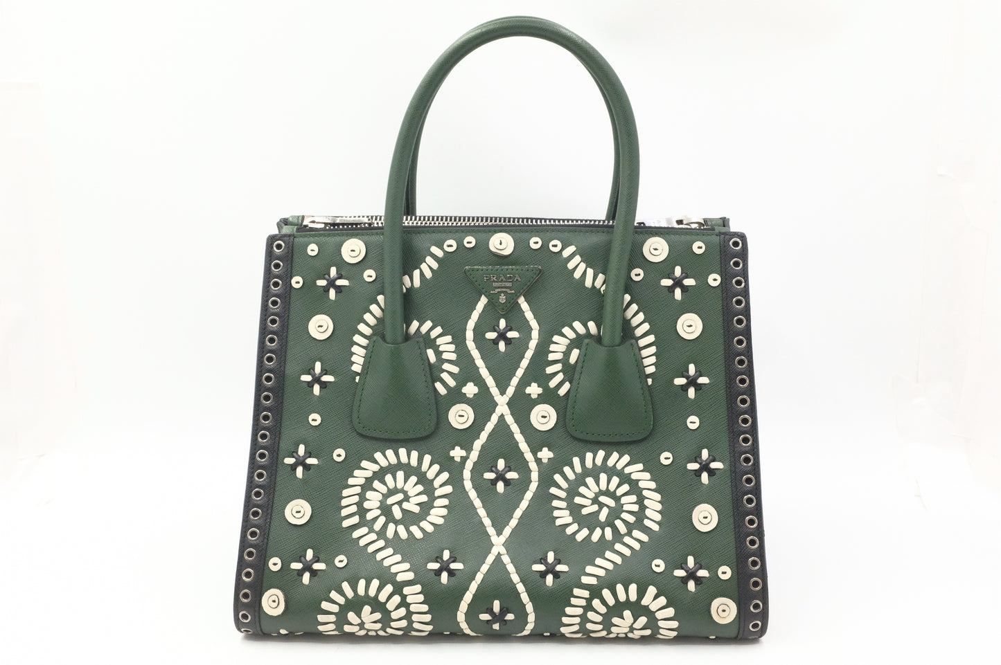 Prada Twin Pocket Tote in Green Embroidered Saffiano Leather