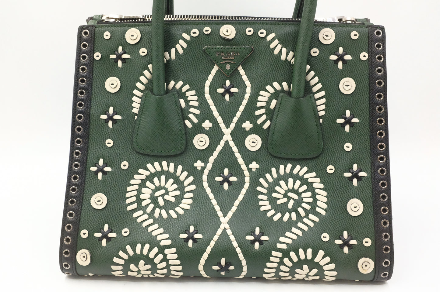 Prada Twin Pocket Tote in Green Embroidered Saffiano Leather