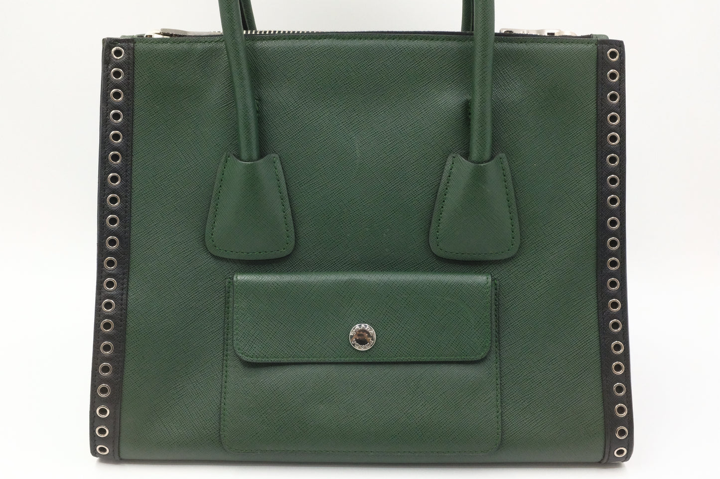 Prada Twin Pocket Tote in Green Embroidered Saffiano Leather