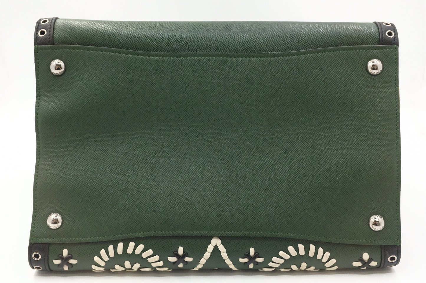 Prada Twin Pocket Tote in Green Embroidered Saffiano Leather