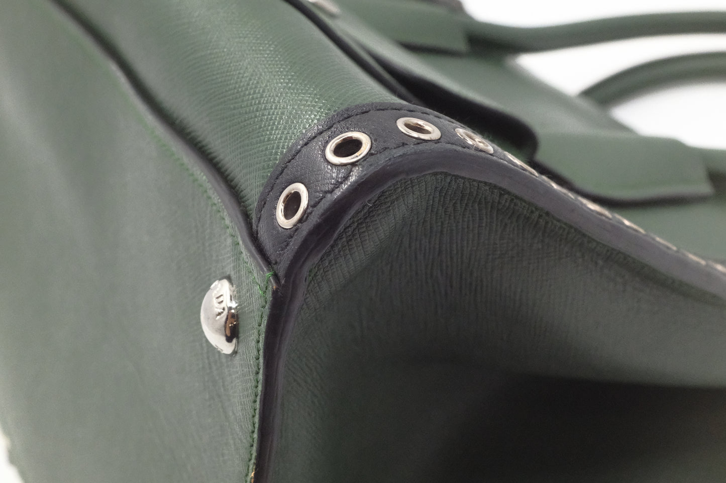 Prada Twin Pocket Tote in Green Embroidered Saffiano Leather