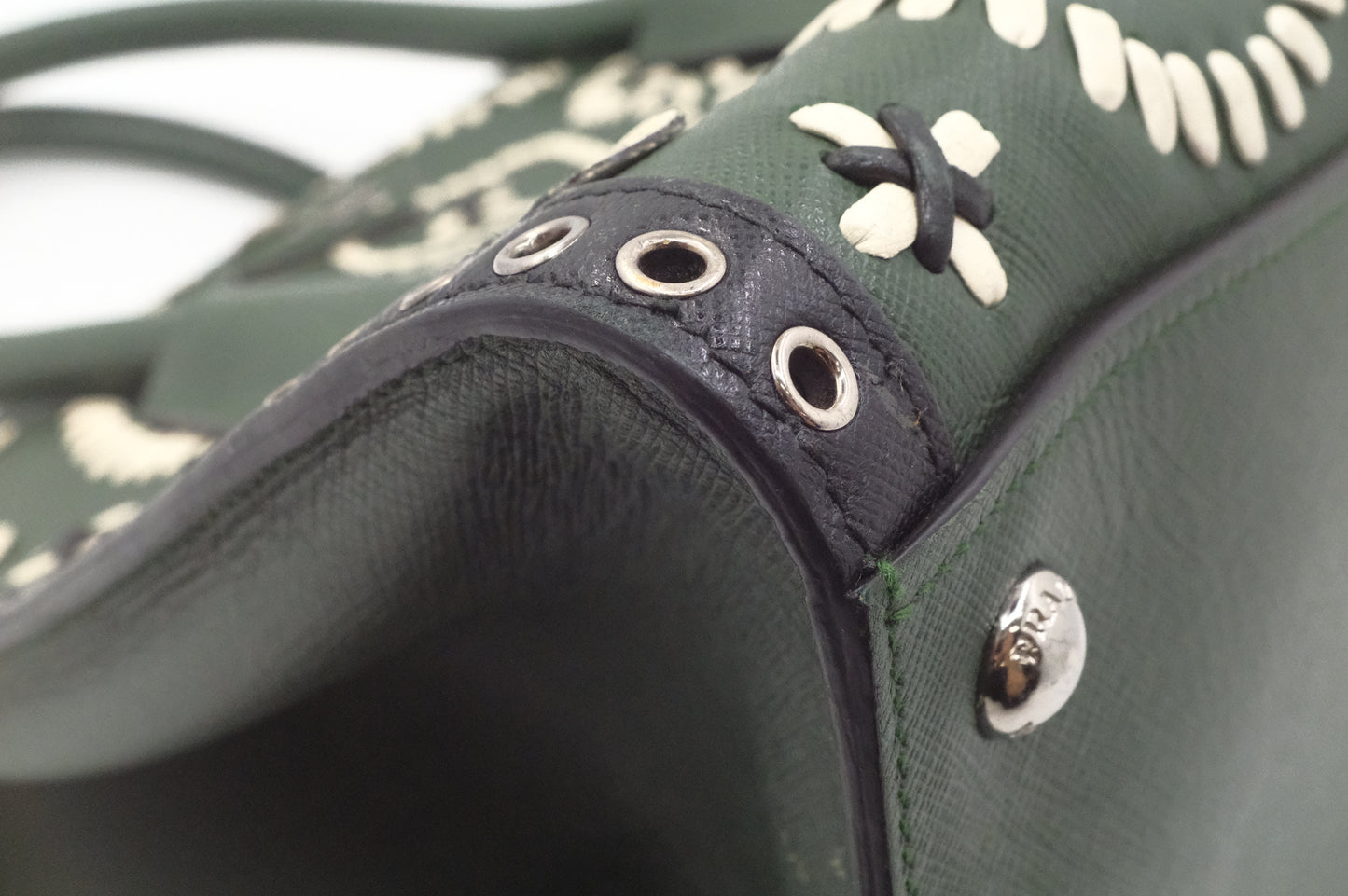 Prada Twin Pocket Tote in Green Embroidered Saffiano Leather