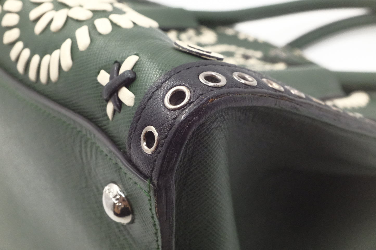 Prada Twin Pocket Tote in Green Embroidered Saffiano Leather