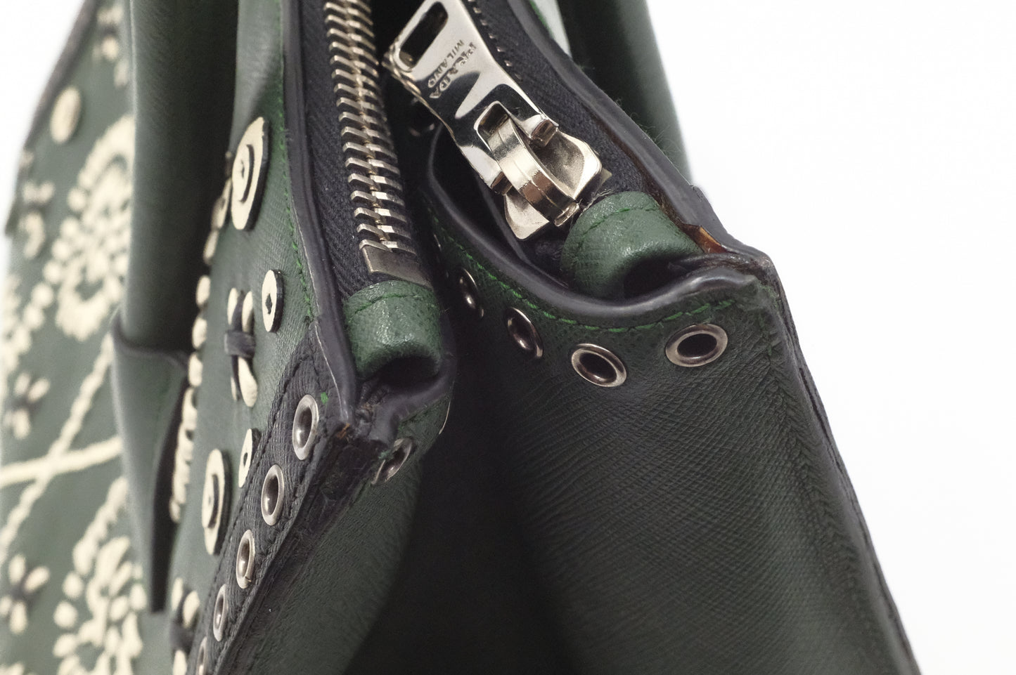 Prada Twin Pocket Tote in Green Embroidered Saffiano Leather