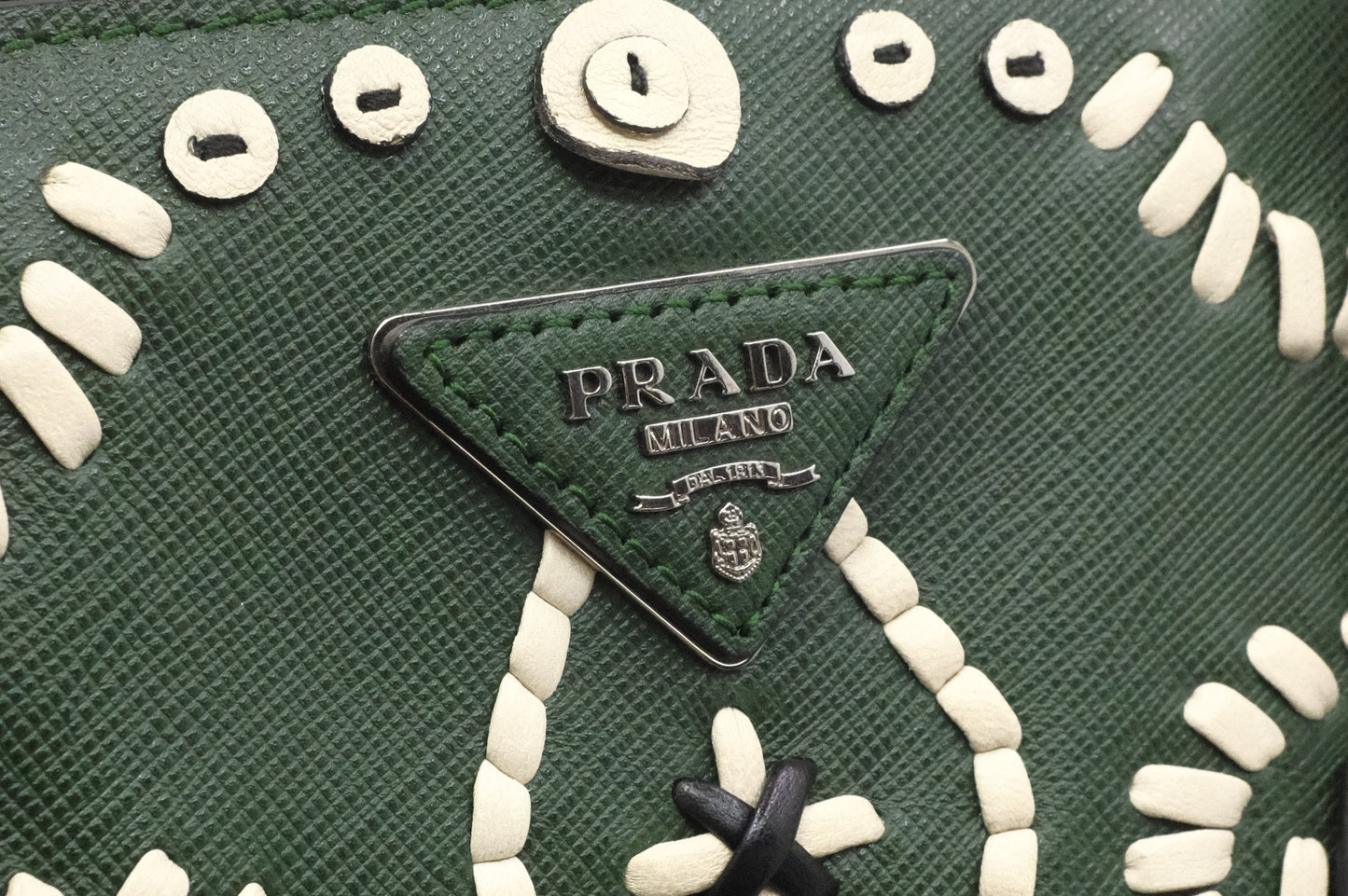 Prada Twin Pocket Tote in Green Embroidered Saffiano Leather