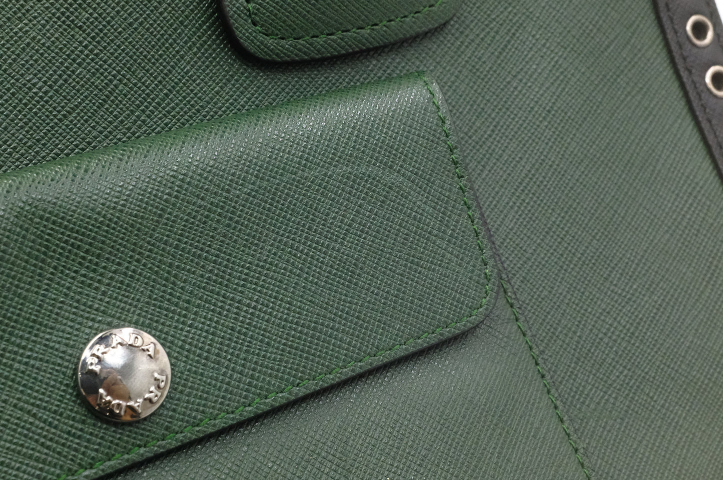 Prada Twin Pocket Tote in Green Embroidered Saffiano Leather