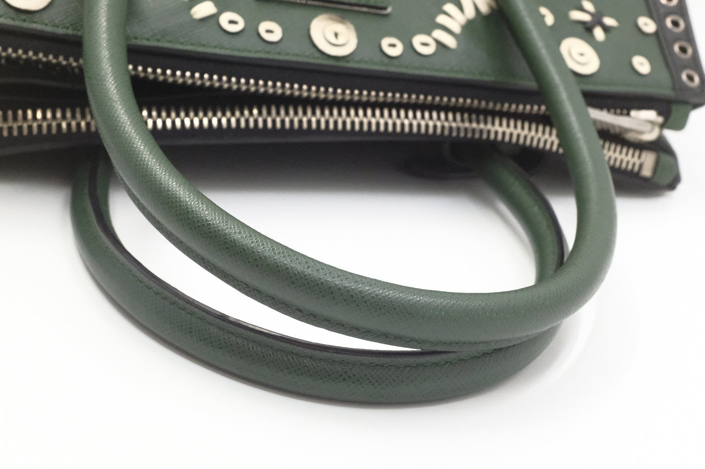 Prada Twin Pocket Tote in Green Embroidered Saffiano Leather