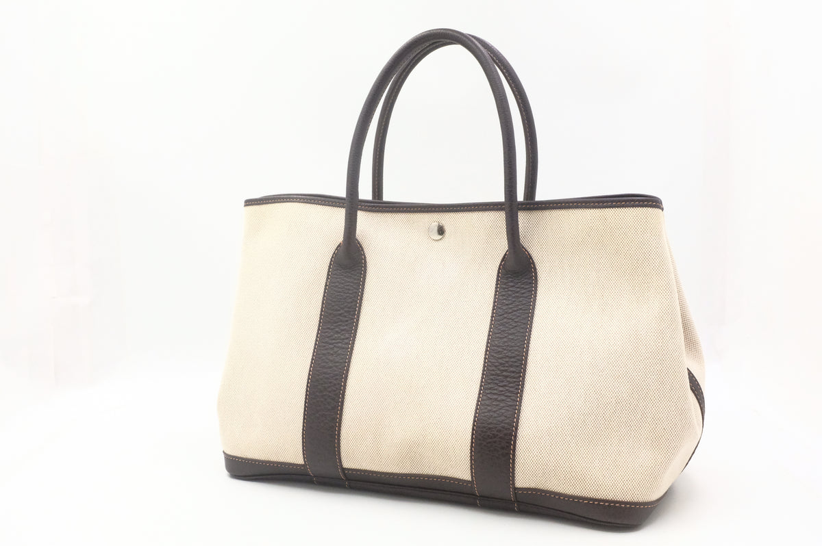 Hermes Garden Party 36 in Cream Canvas and Brown Leather
