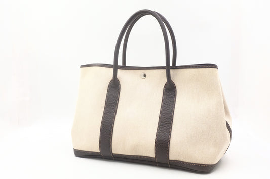Hermes Garden Party 36 in Cream Canvas and Brown Leather