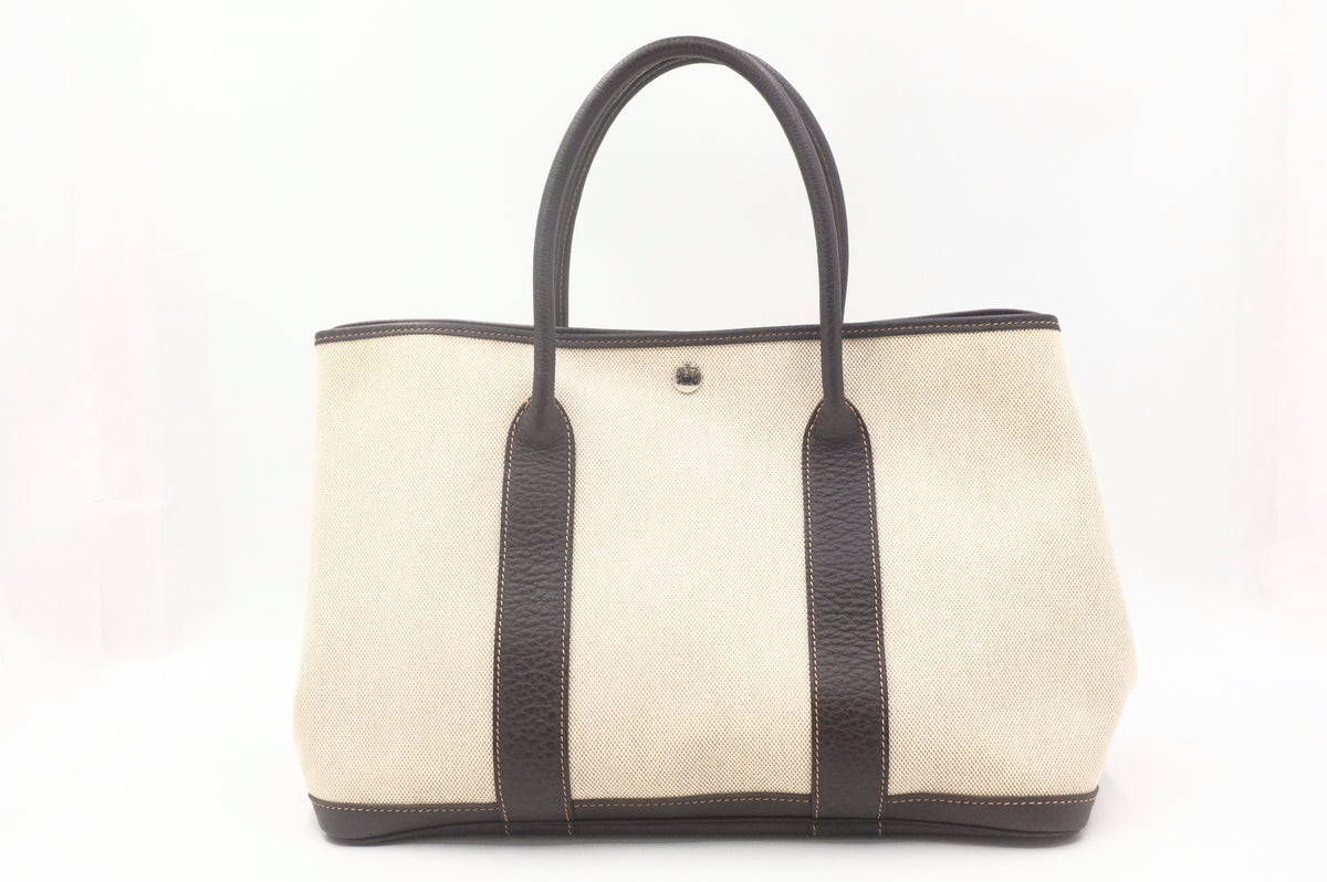 Hermes Garden Party 36 in Cream Canvas and Brown Leather