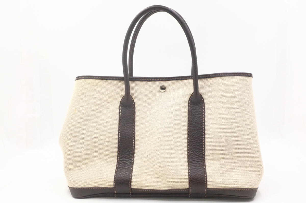 Hermes Garden Party 36 in Cream Canvas and Brown Leather