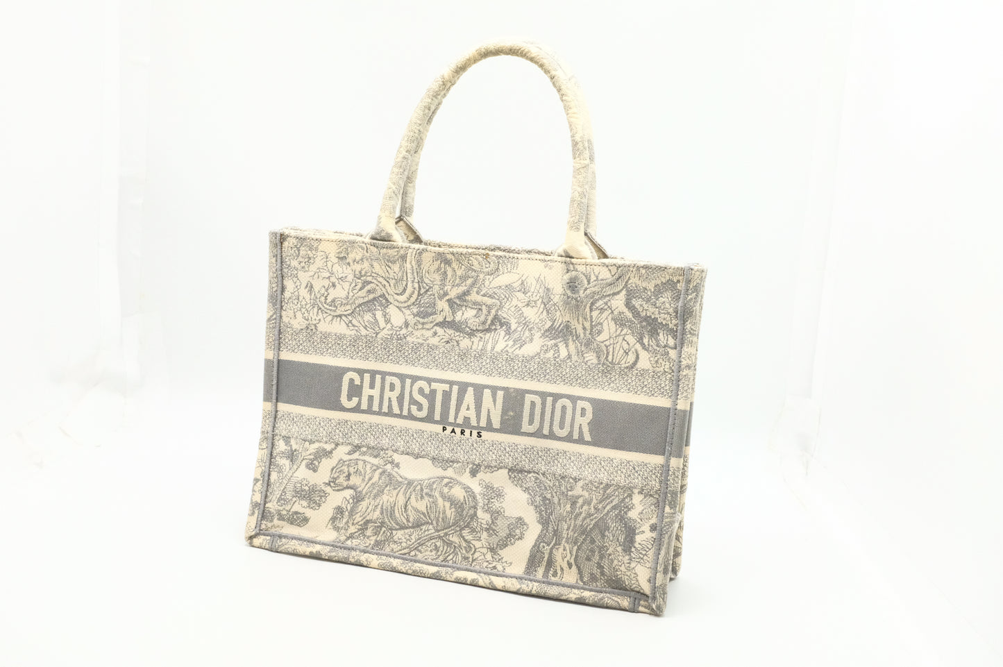 Dior Medium Book Tote in Gray Ecru Toile De Jouy Reverse Embroidery