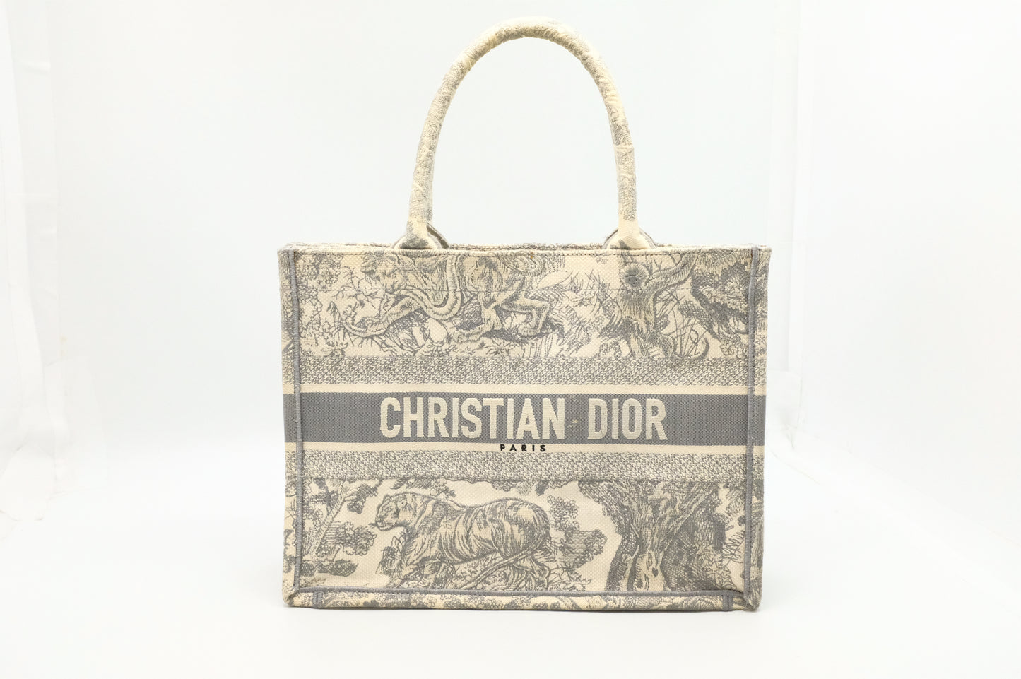 Dior Medium Book Tote in Gray Ecru Toile De Jouy Reverse Embroidery