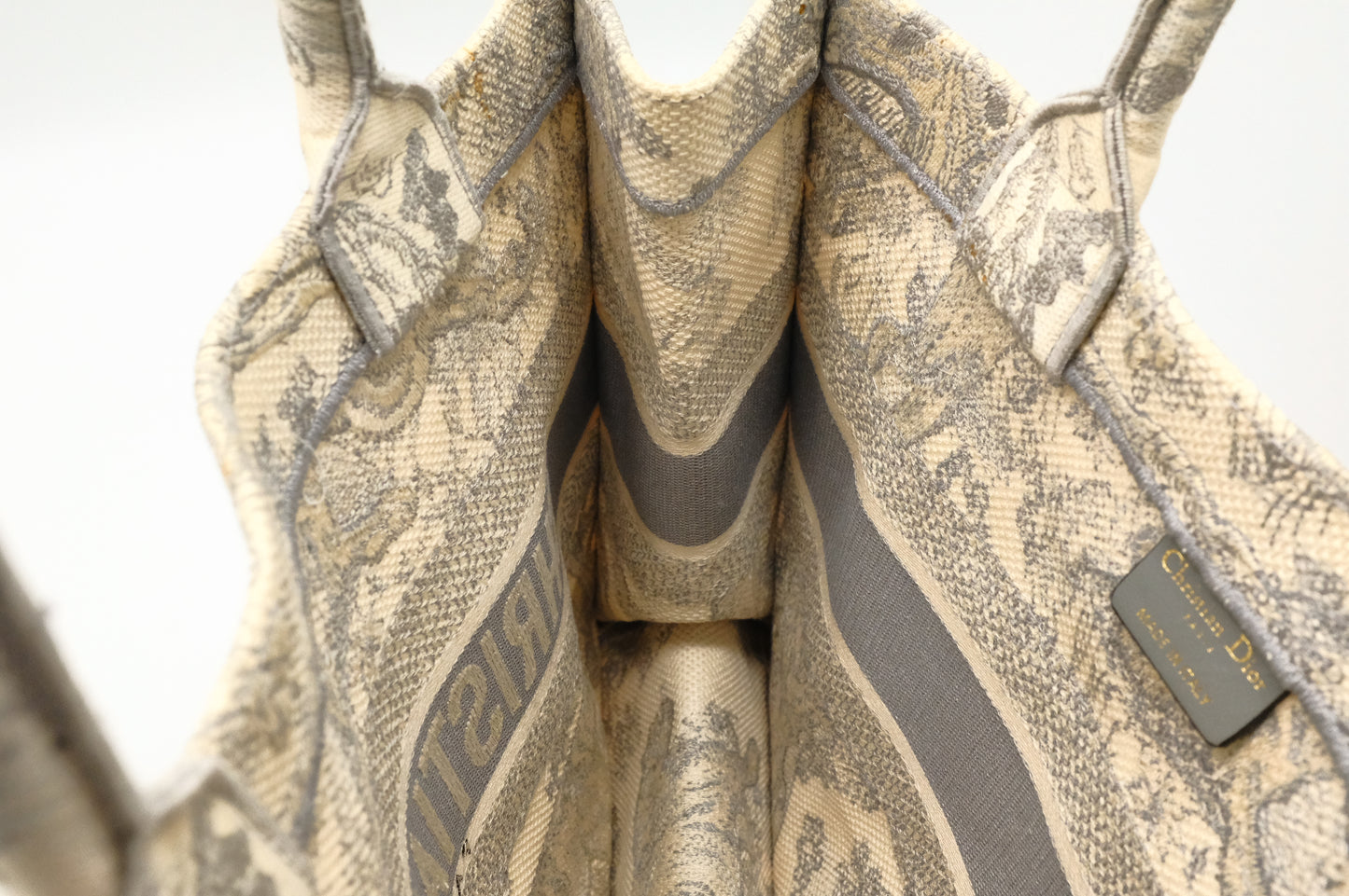 Dior Medium Book Tote in Gray Ecru Toile De Jouy Reverse Embroidery