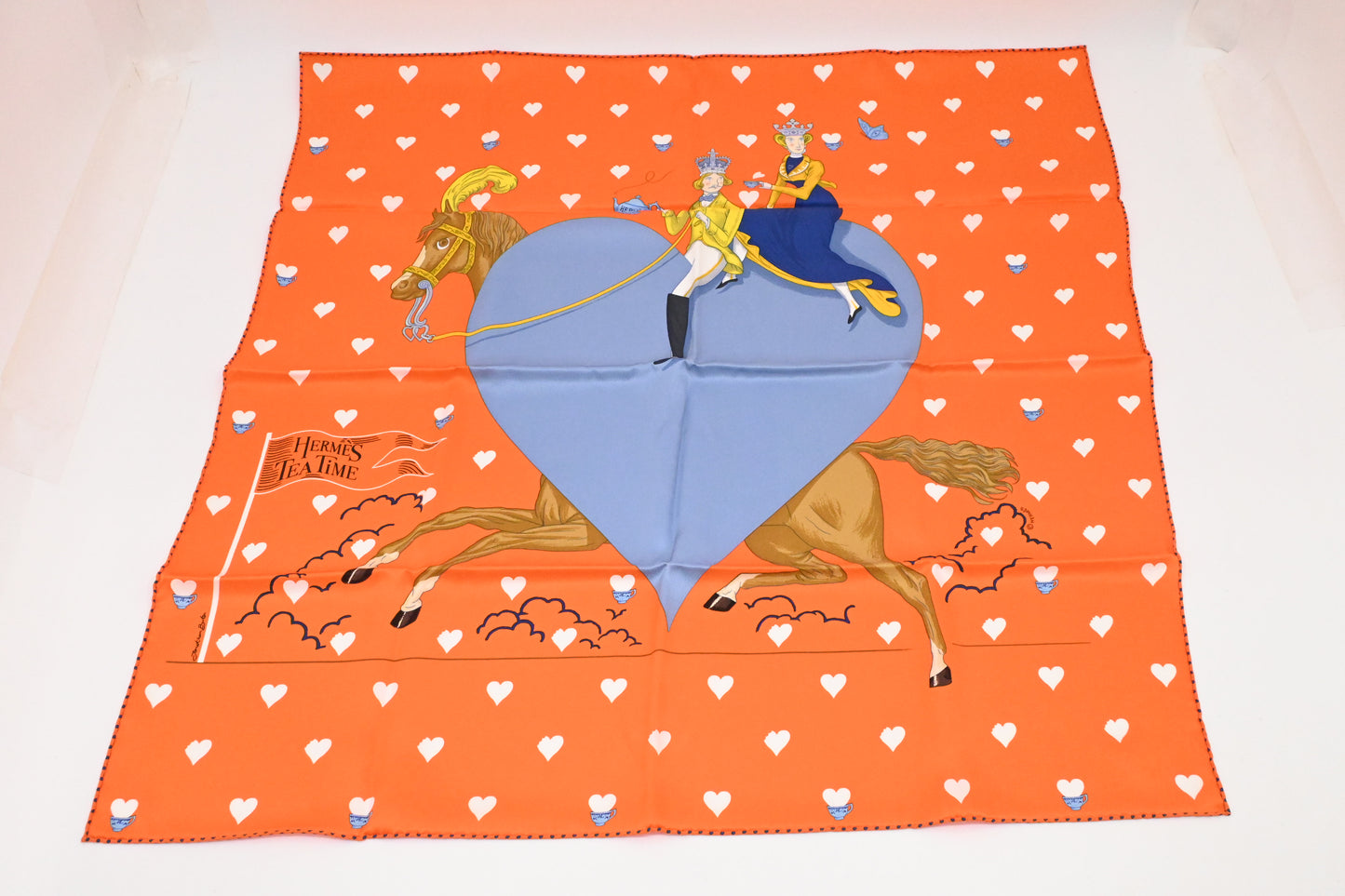 Hermes 'Tea Time' Carre 70 in Orange and Blue Silk