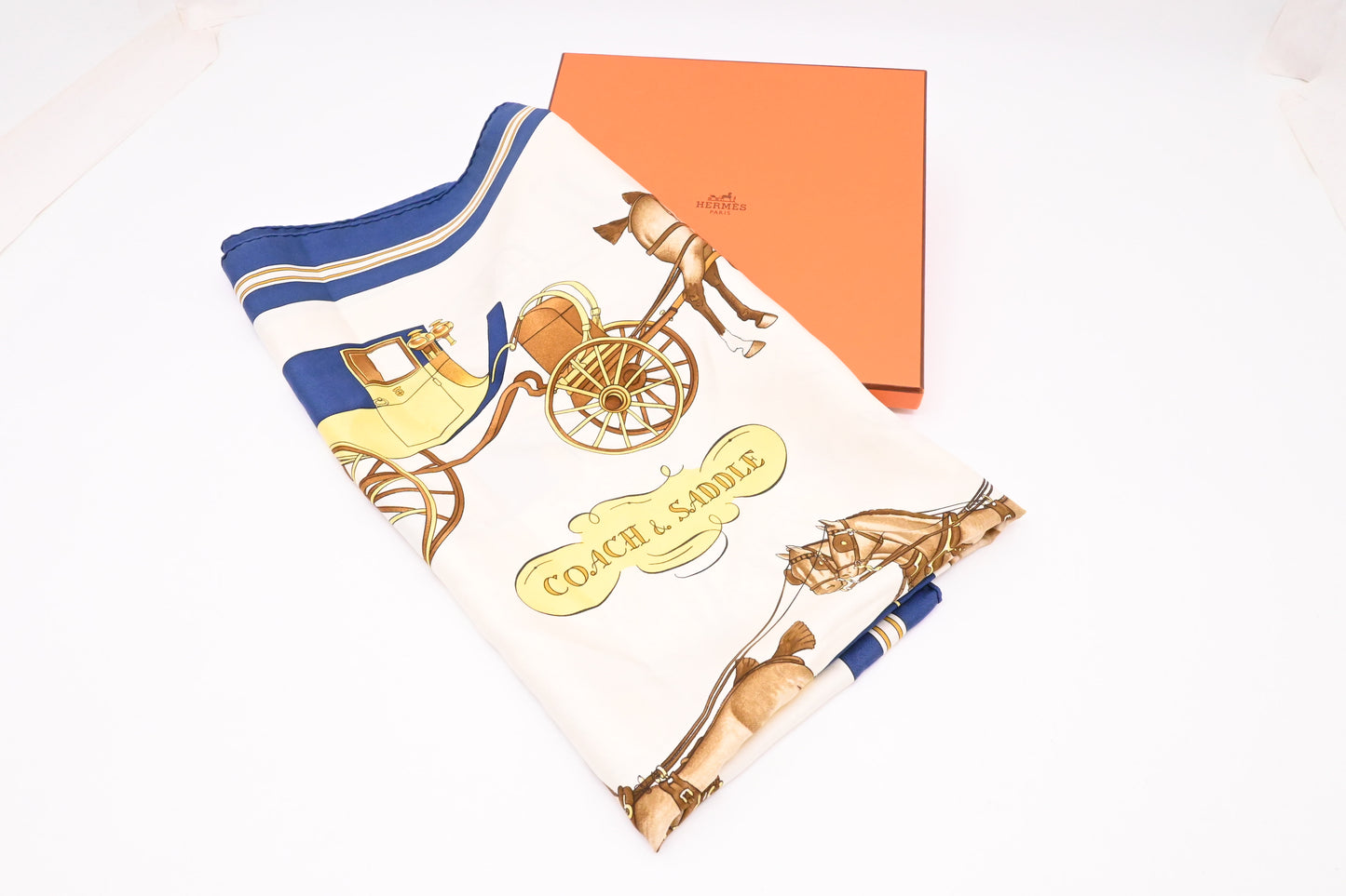Hermes 'Coach and Saddle' Carre 90 in White and Blue Silk