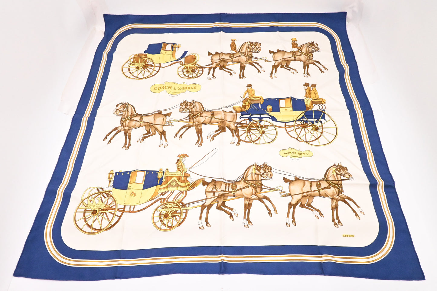 Hermes 'Coach and Saddle' Carre 90 in White and Blue Silk